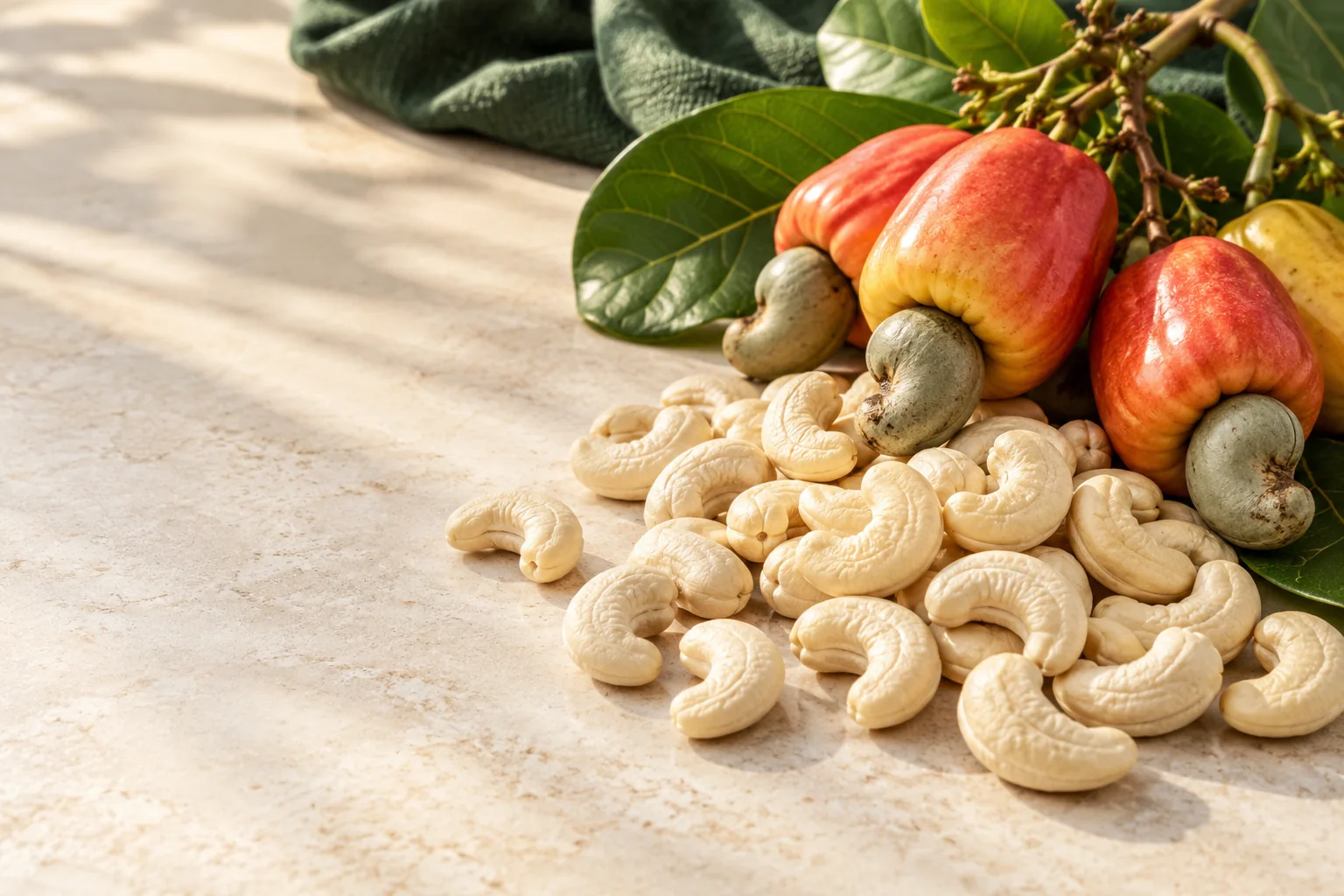 Cashew kernels and fresh cashew fruit
